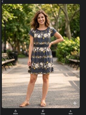 Old Navy Floral Short Sleeve Gray Dress Yellow Accents flowy medium vacation